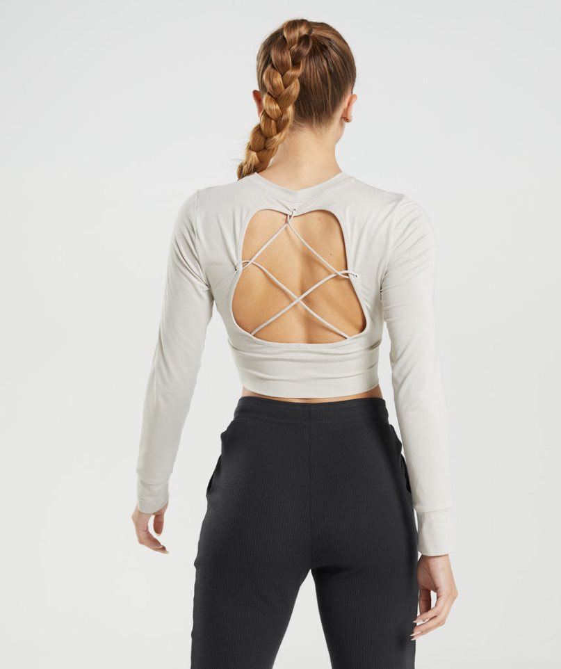 Women's Gymshark Pause Open Back Long Sleeve Cropped Tops Light Grey | NZ 7QWLSD